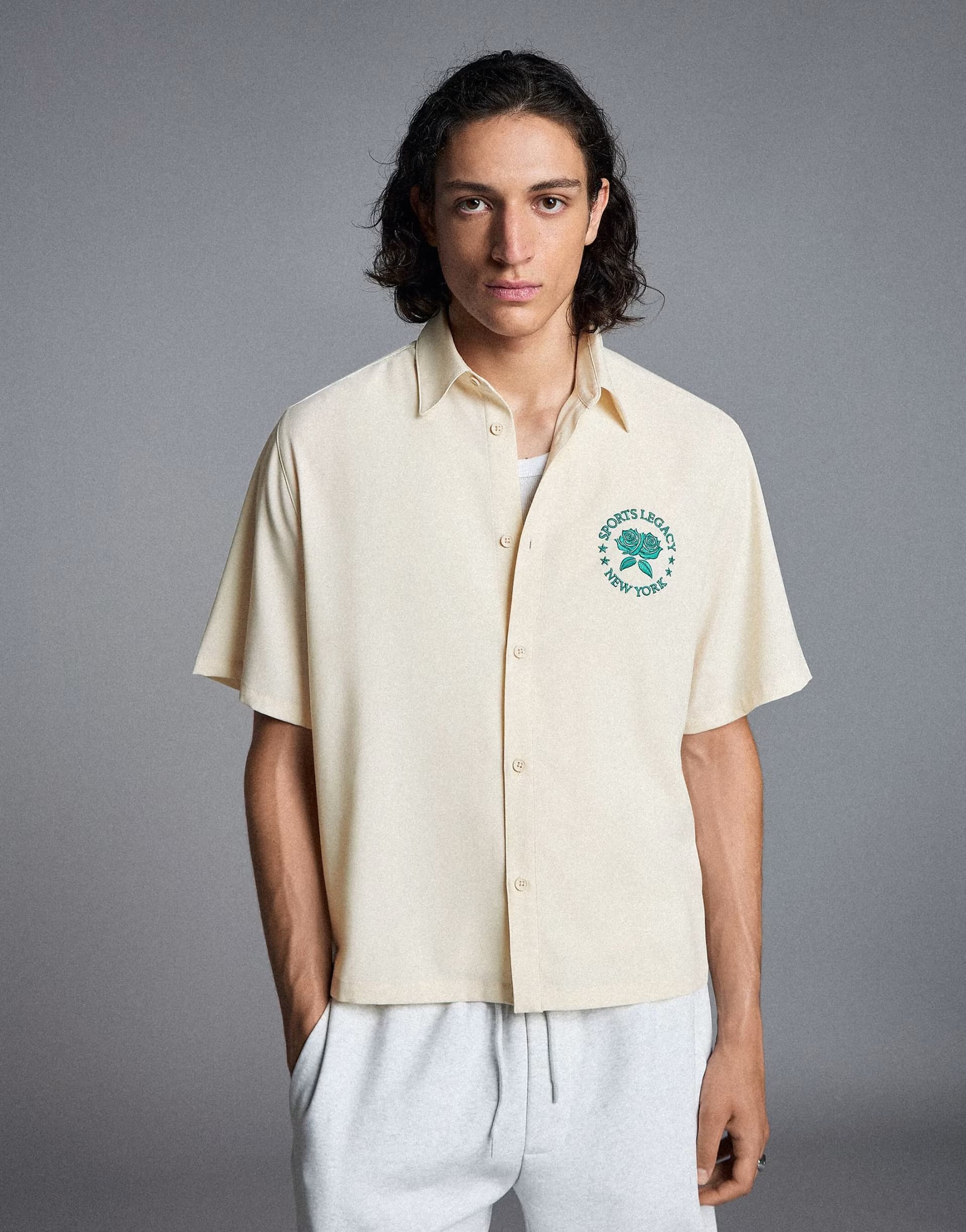 ASOS Bershka Embroidered short sleeve shirt in ecru