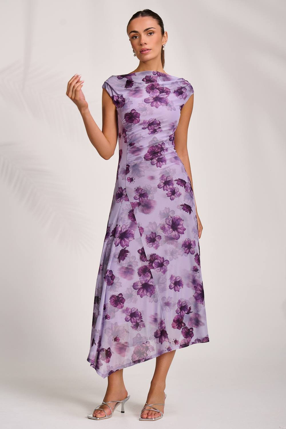 Jolie Moi Jolie Moi Women's Asymmetric Draped Mesh Midaxi Dress in Purple - 2