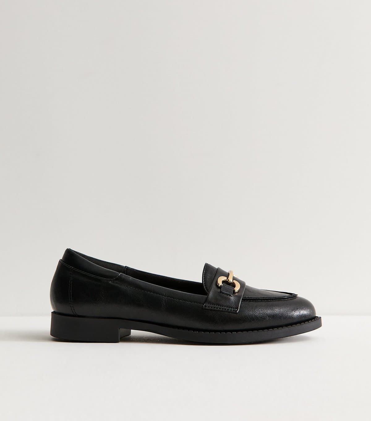 New Look Women's Black Faux Leather Horsebit Detail Almond Toe Loafers Vegan New Look