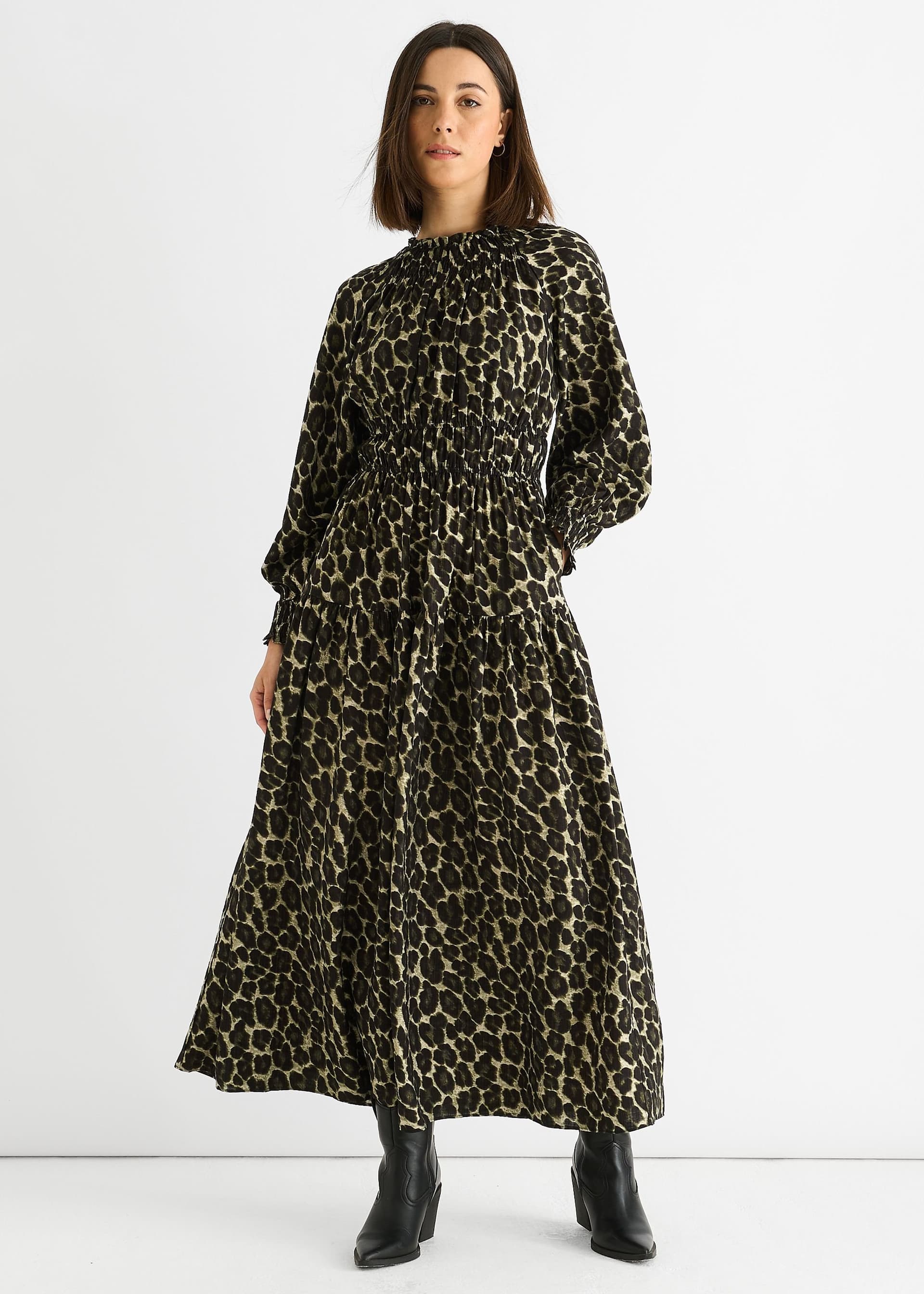 Gini London Gini London Women's Khaki Animal Print Shirred High Neck Maxi Dress