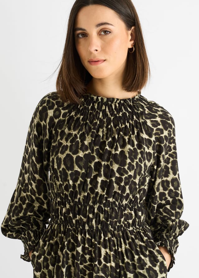 Gini London Gini London Women's Khaki Animal Print Shirred High Neck Maxi Dress - 2