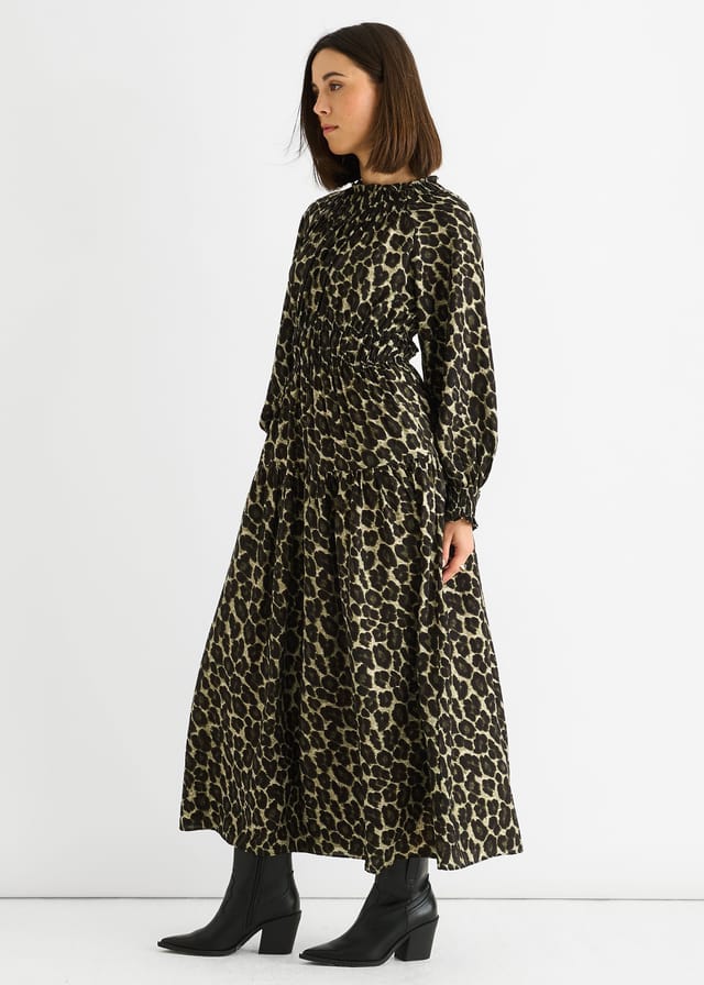 Gini London Gini London Women's Khaki Animal Print Shirred High Neck Maxi Dress - 3