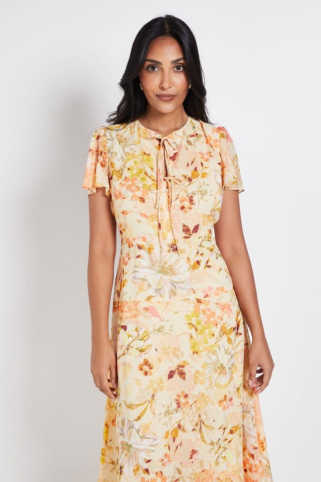 Wallis Wallis Women's Petite Floral Dobby Tie Front Midi Dress in Yellow - 2