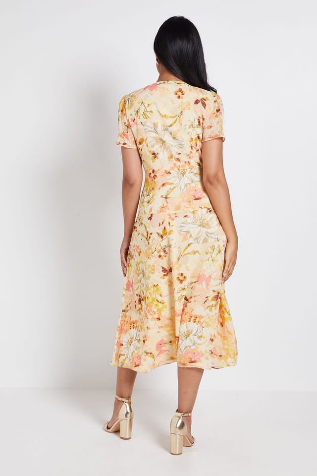 Wallis Wallis Women's Petite Floral Dobby Tie Front Midi Dress in Yellow - 3