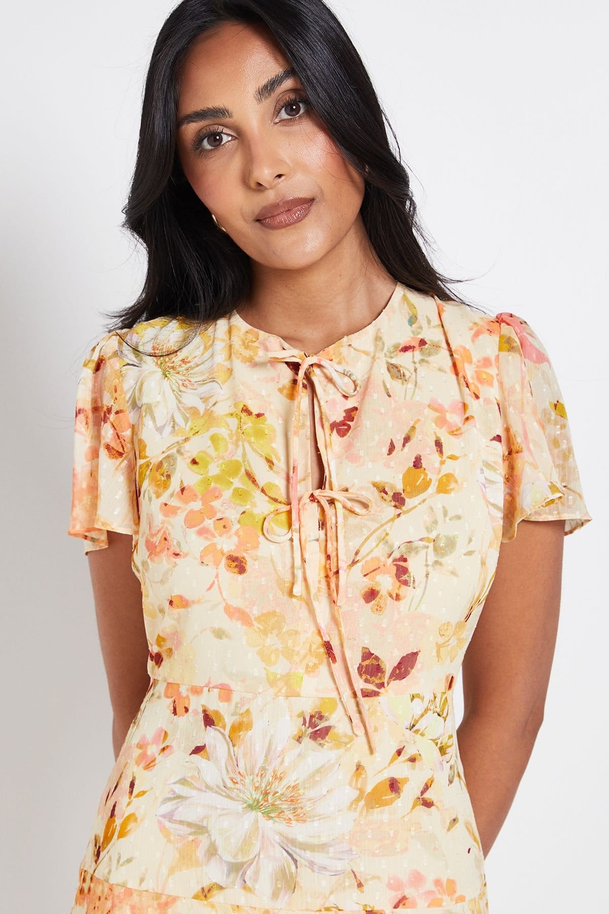 Wallis Wallis Women's Petite Floral Dobby Tie Front Midi Dress in Yellow - 4