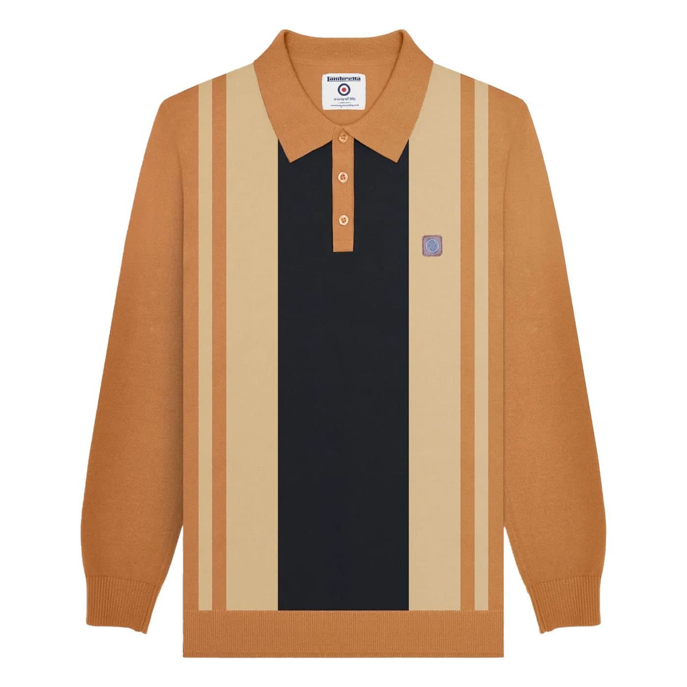 Lambretta Lambretta Men's AW24 Vintage Panelled Long-Sleeved Polo Shirt in Light Brown