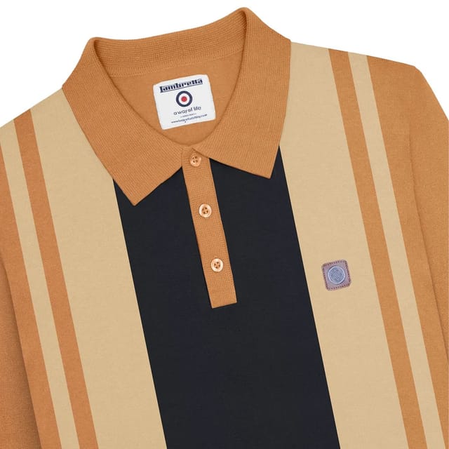 Lambretta Lambretta Men's AW24 Vintage Panelled Long-Sleeved Polo Shirt in Light Brown - 3