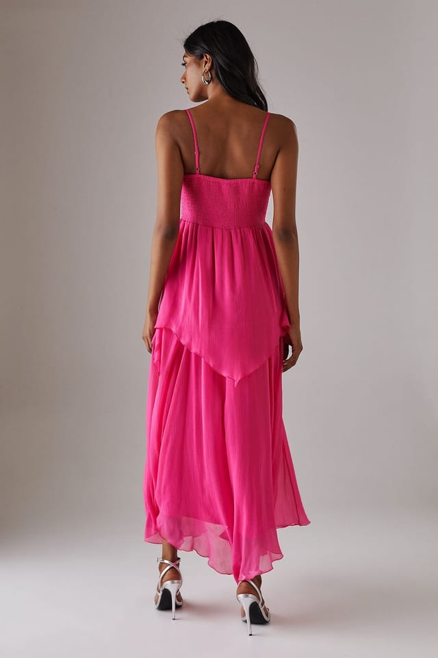 Warehouse Warehouse Women's Chiffon Asymmetric Double Layer Bandeau Maxi Dress in Bright Pink - 3