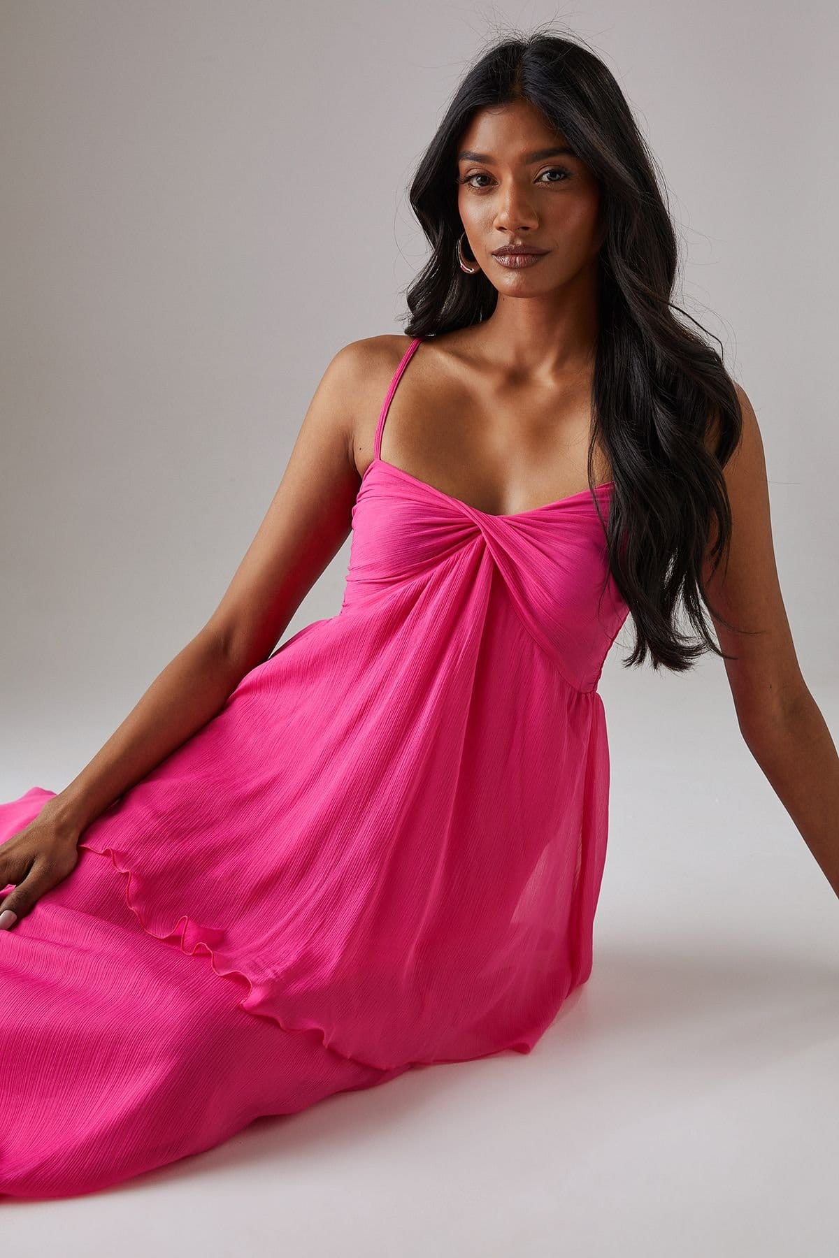 Warehouse Warehouse Women's Chiffon Asymmetric Double Layer Bandeau Maxi Dress in Bright Pink - 4