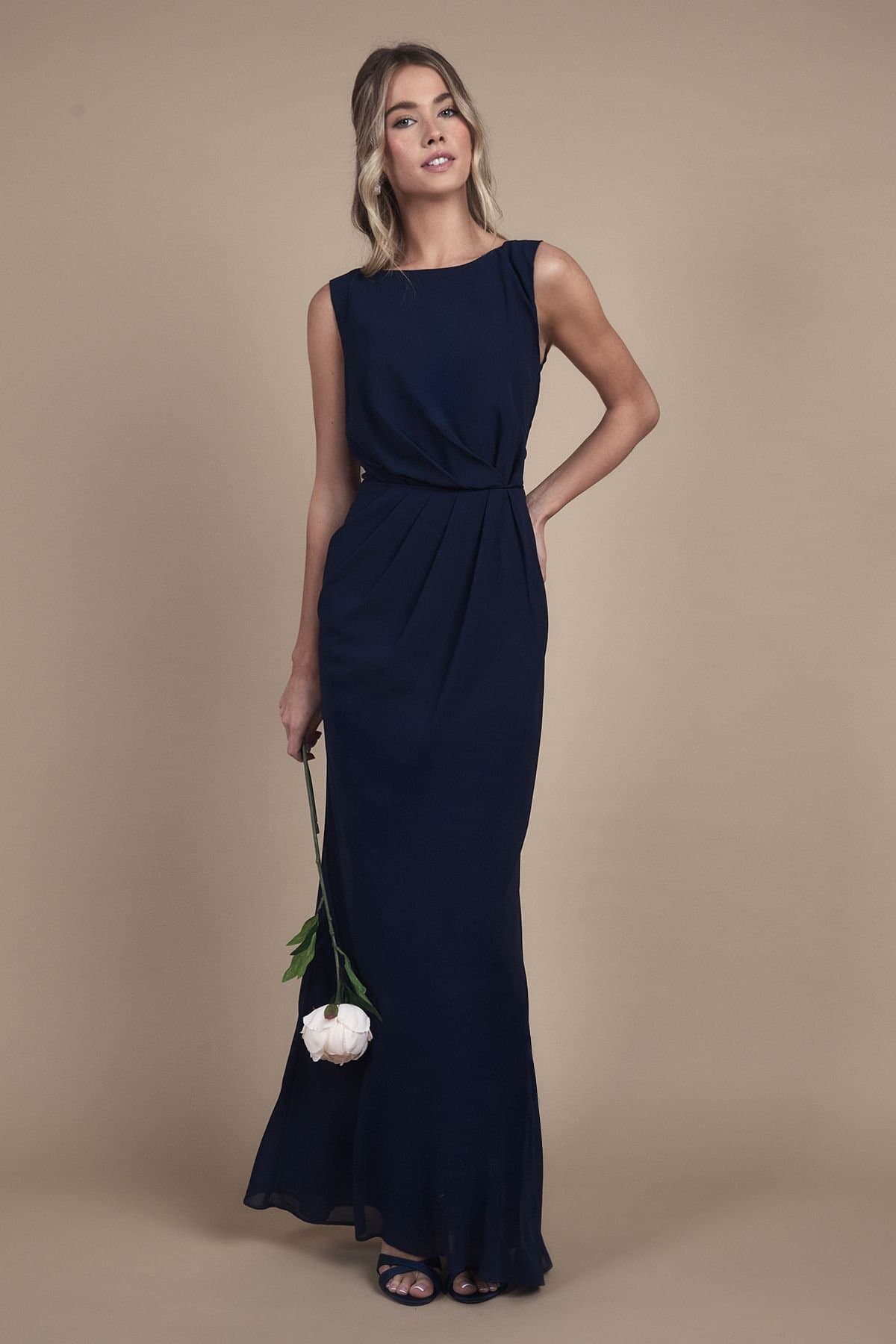 Coast Coast Women's Teen Bridesmaid Ruched Detail Satin Maxi Bridesmaid Dress in Navy