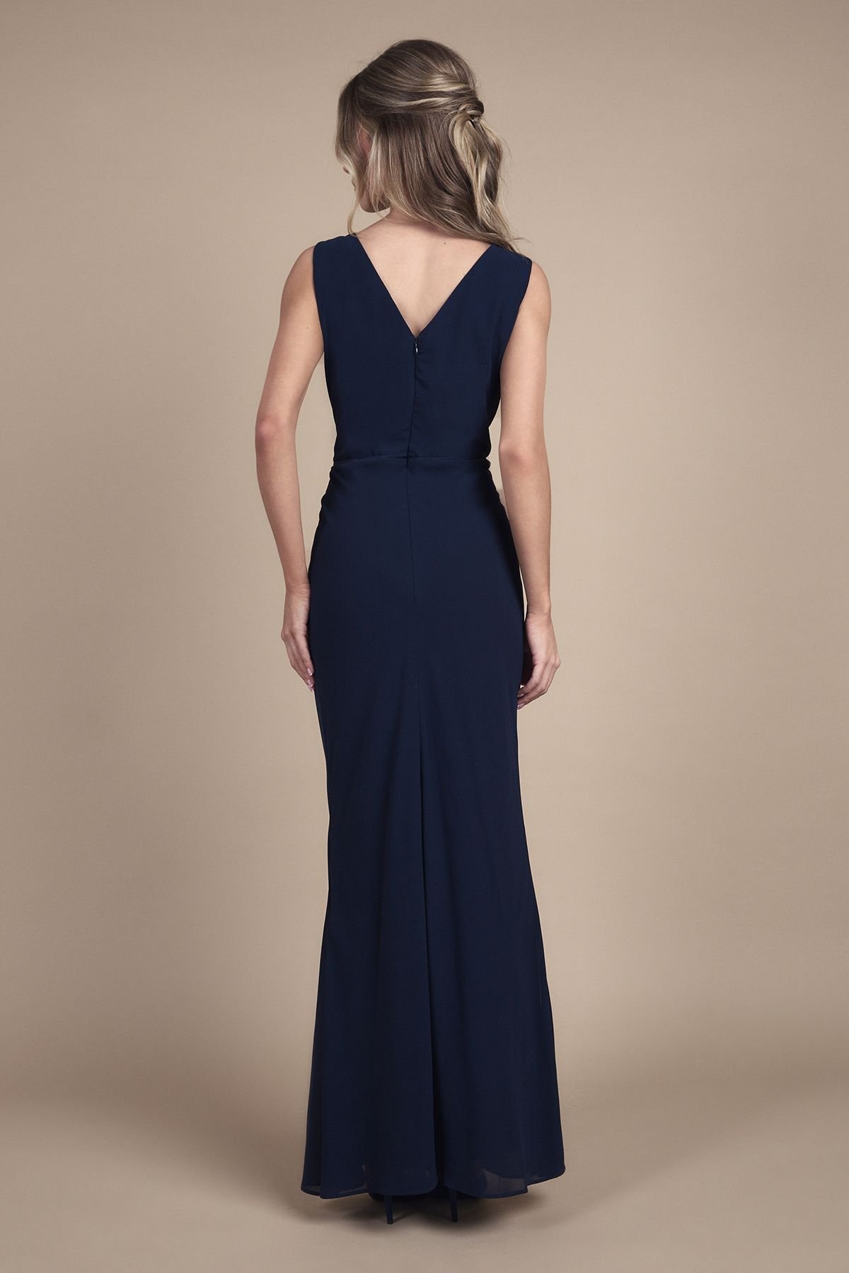 Coast Coast Women's Teen Bridesmaid Ruched Detail Satin Maxi Bridesmaid Dress in Navy - 3