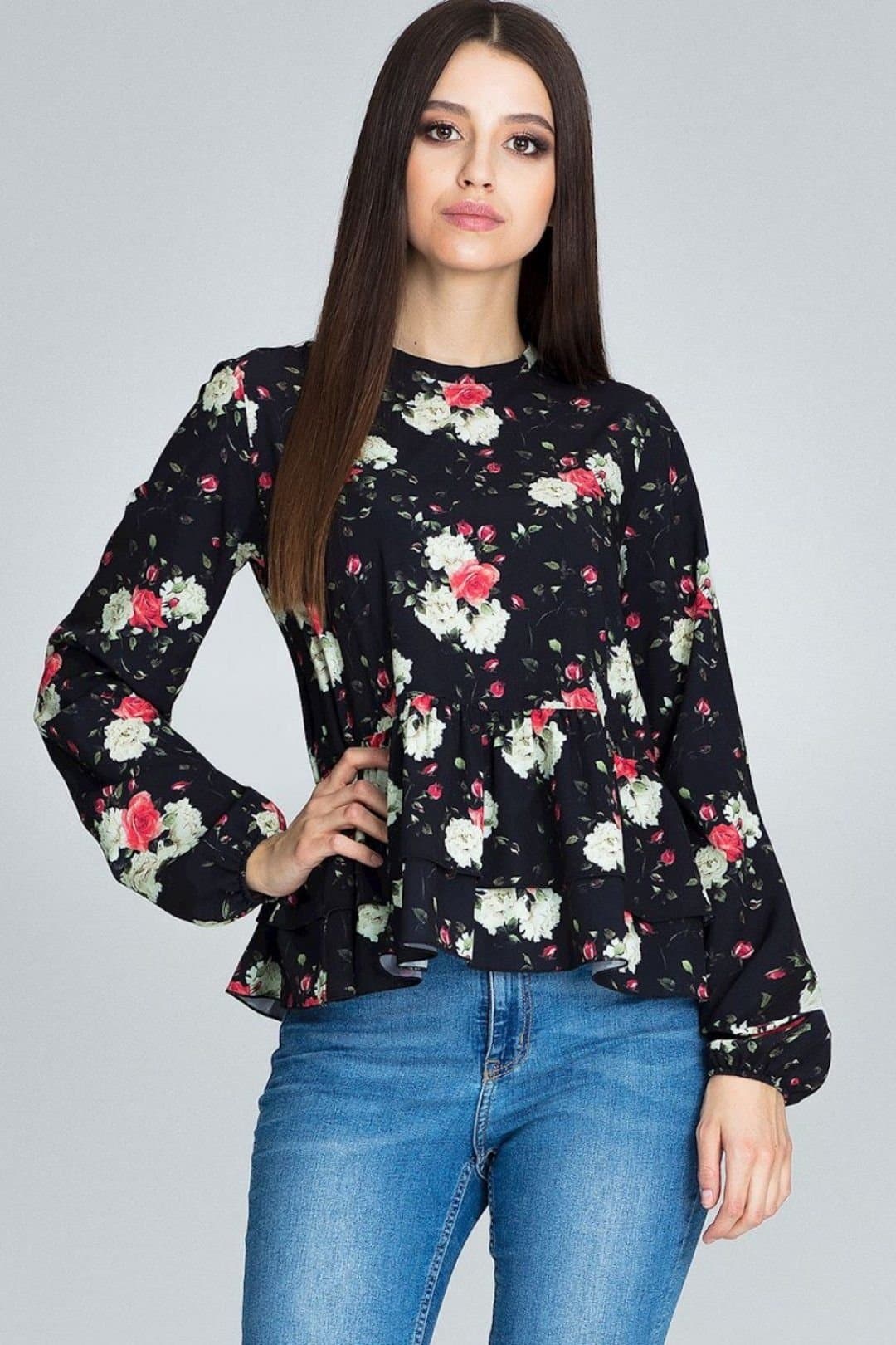 Love Lace Love Lace Women's Floral Loose Fit Blouse with Stand Collar Style 116244 in Black