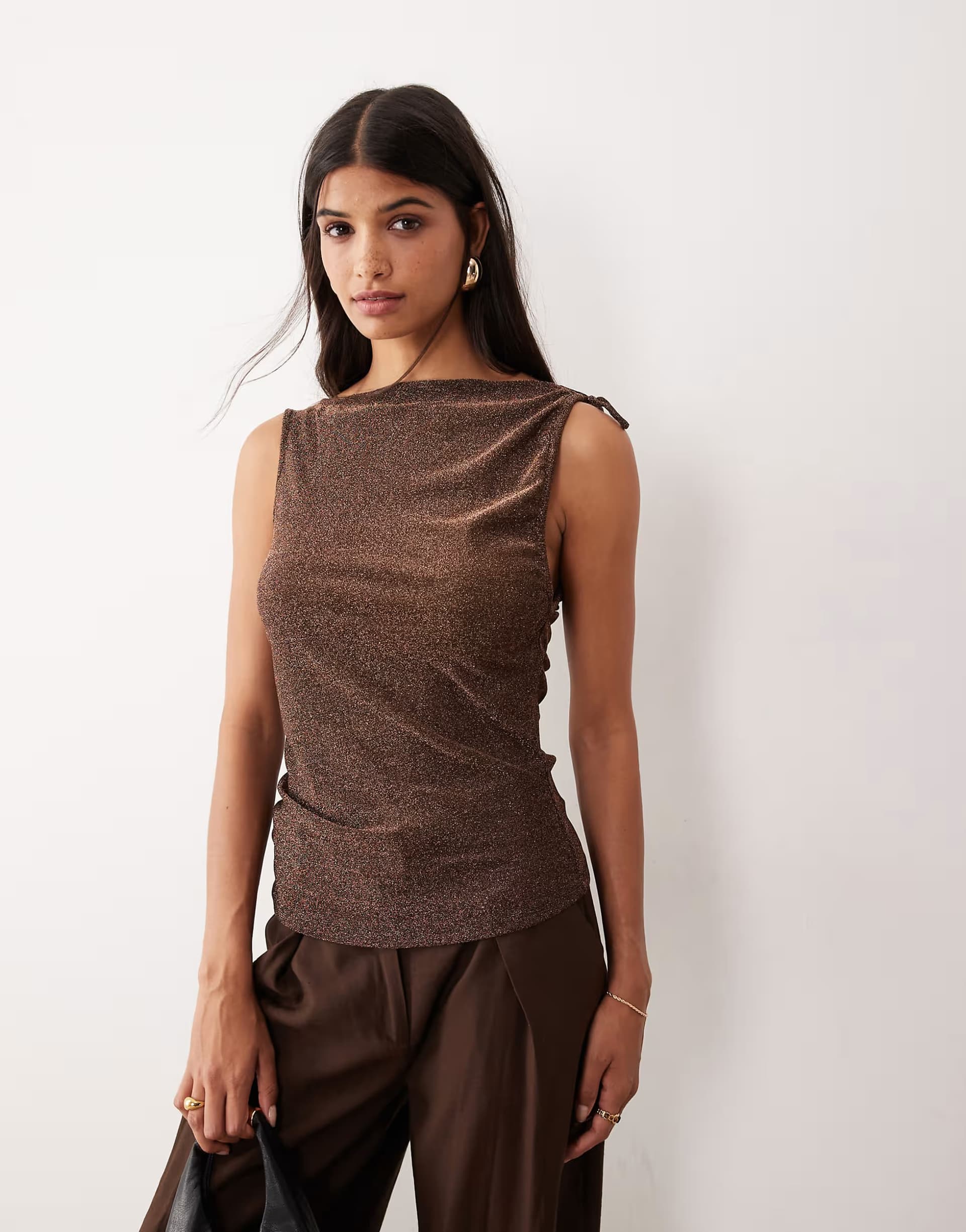 ASOS AWARE asymmetric tie shoulder detail glitter top in black and copper