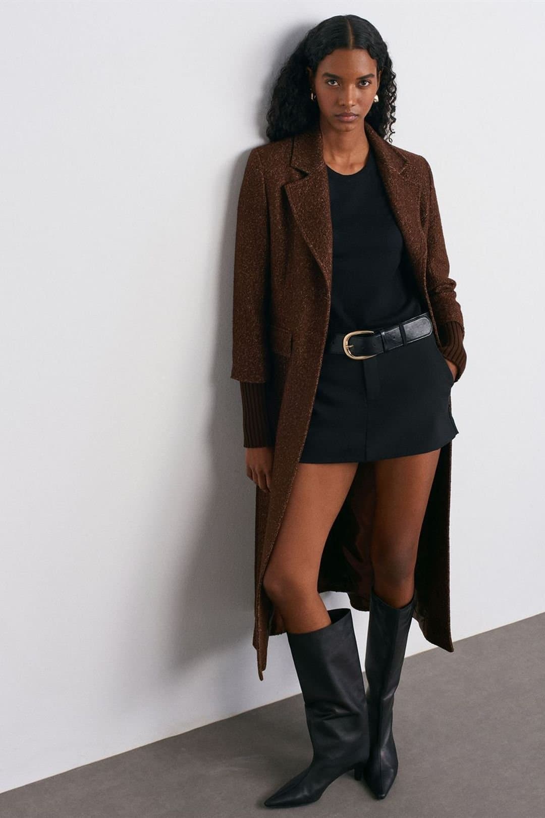 Dilvin Dilvin Women's Textured Tweed Long Overcoat in Brown