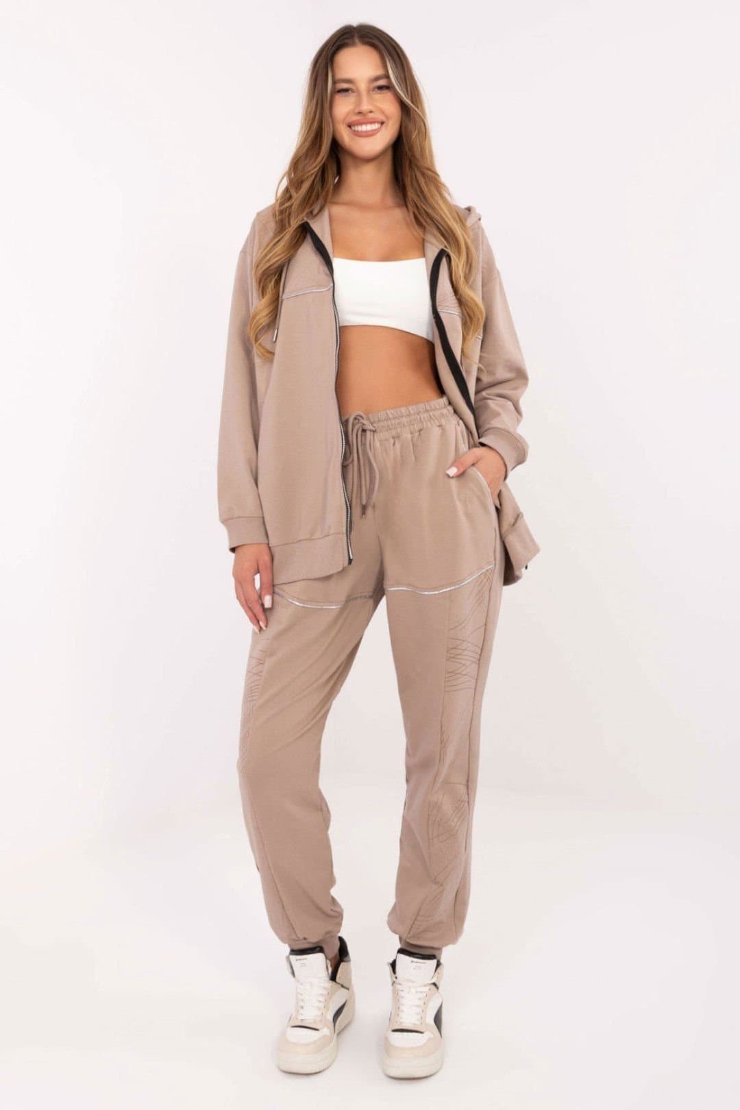 Love Lace Love Lace Women's Cotton Elastane Zip Hoodie Tracksuit Set in Beige