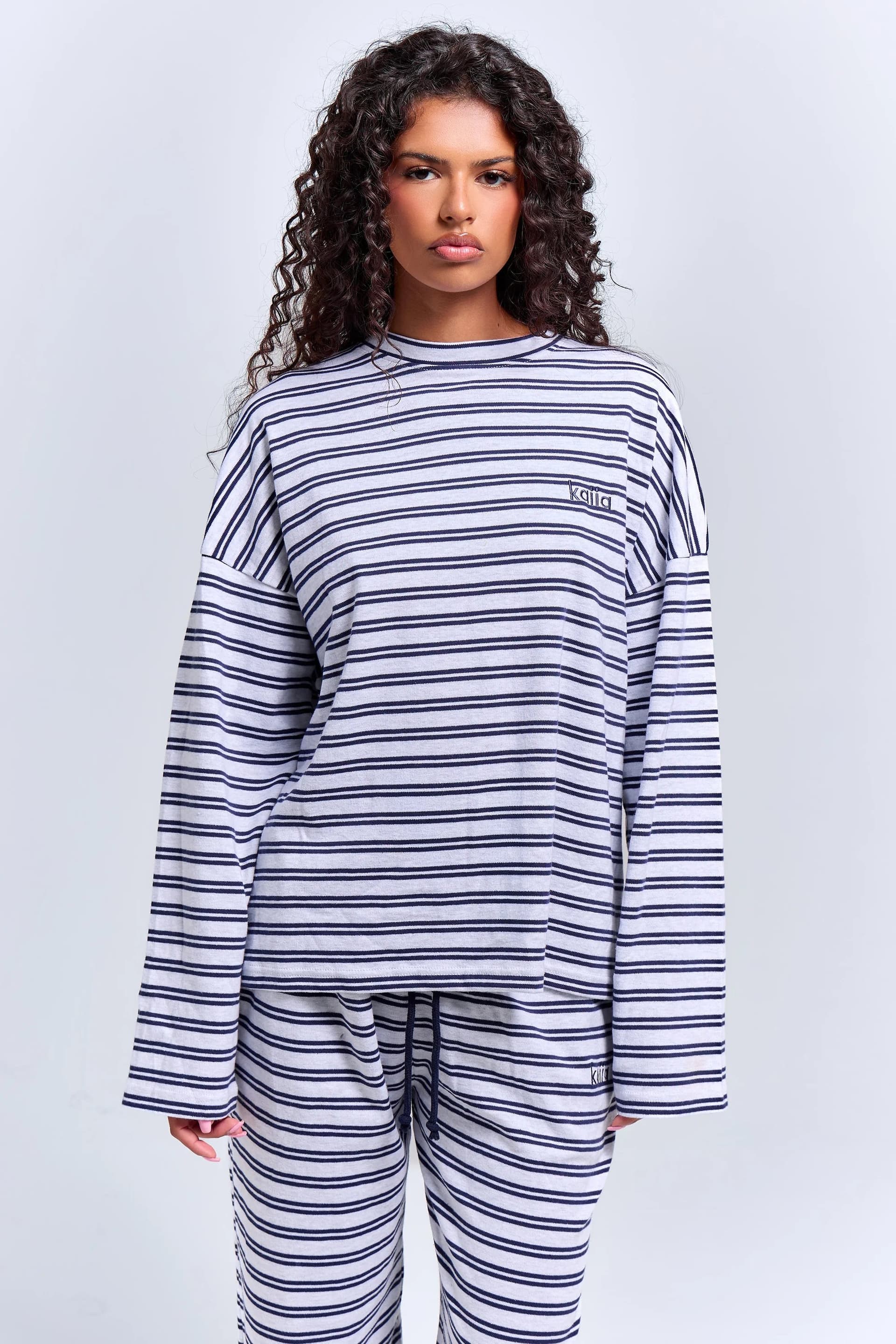 Kaiia Kaiia Interlock Stripe Oversized Top Light Grey Marl & Navy