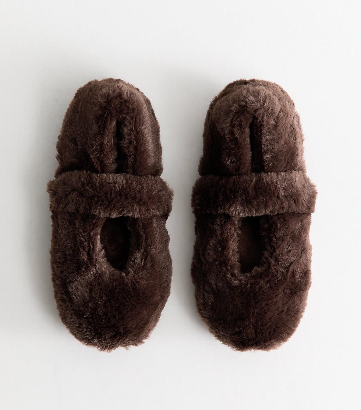 New Look Women's Dark Brown Faux Fur Mary Jane Ballet Slippers Vegan New Look