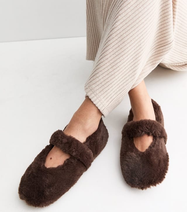 New Look Women's Dark Brown Faux Fur Mary Jane Ballet Slippers Vegan New Look - 2