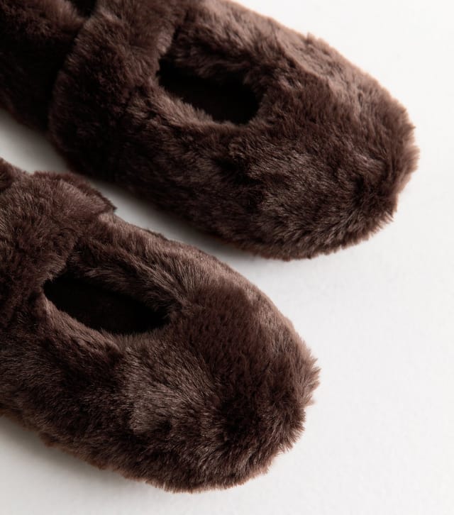 New Look Women's Dark Brown Faux Fur Mary Jane Ballet Slippers Vegan New Look - 3