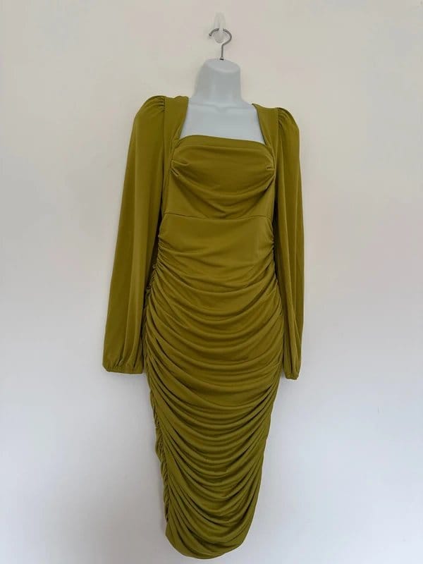 AX Paris Green Ruched Satin Midi Dress - Size UK 12