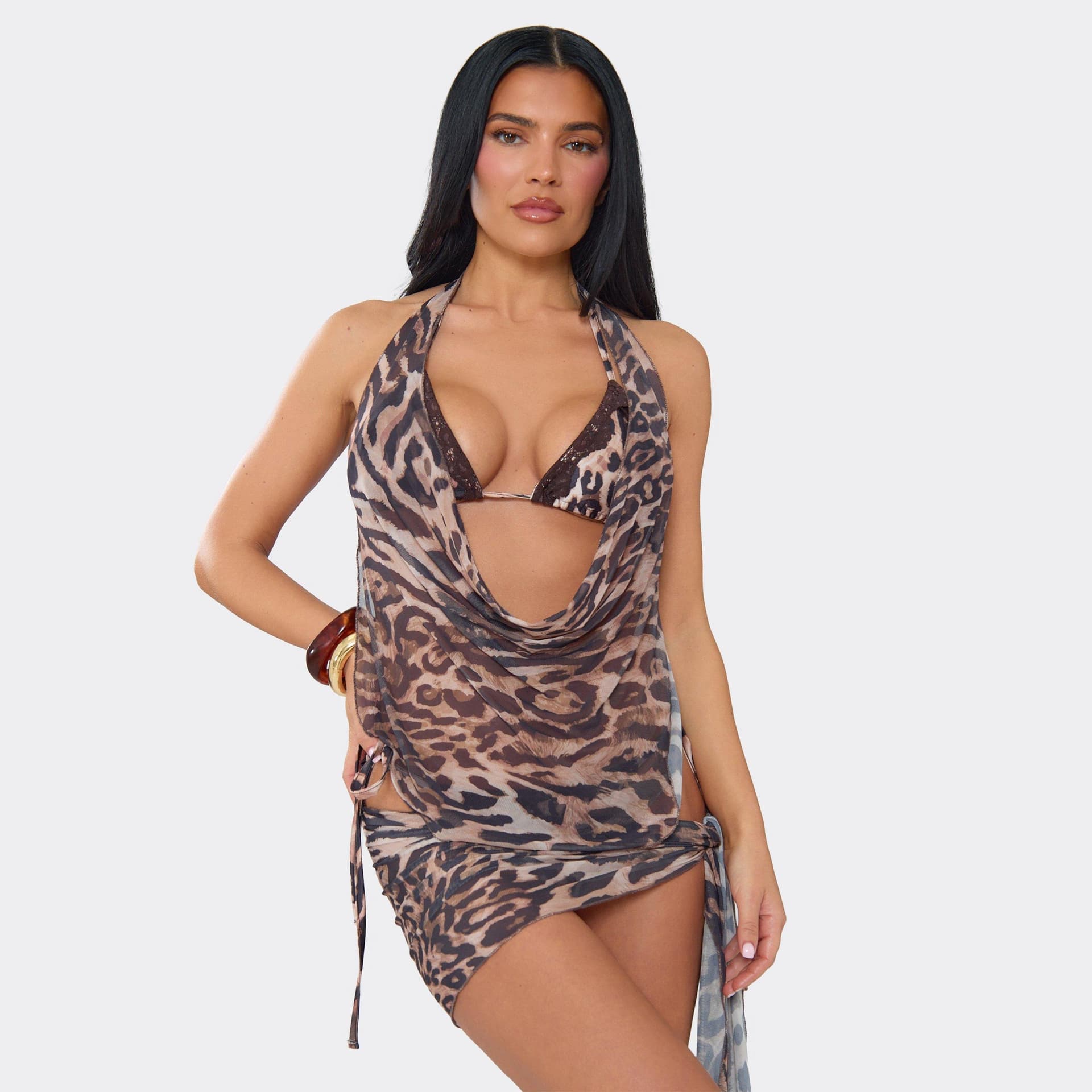 EGO EGO Brown Leopard Print Cowl Neck Beach Top