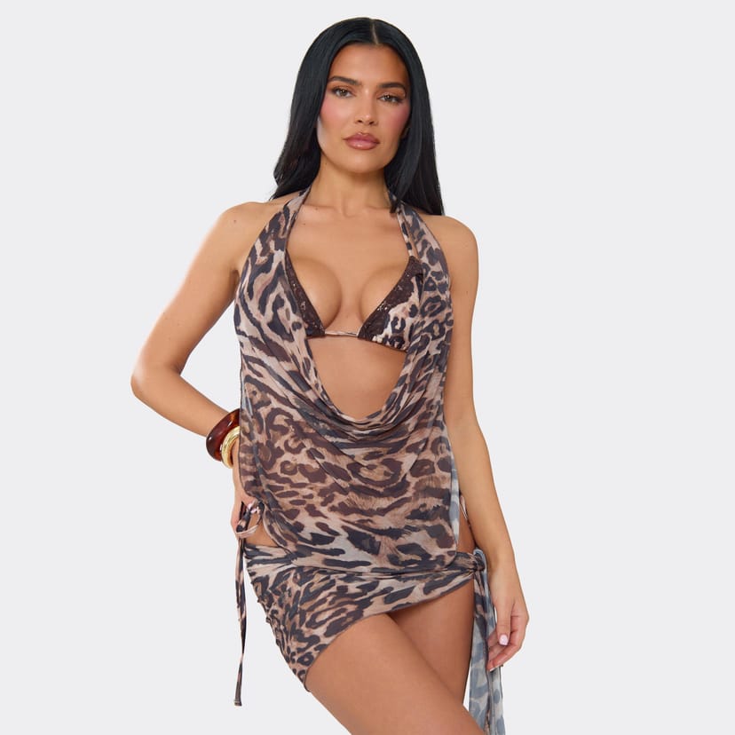 EGO Cowl Neck Open Back Beach Top In Brown Leopard Print Mesh, Women's Size UK 6 - 1