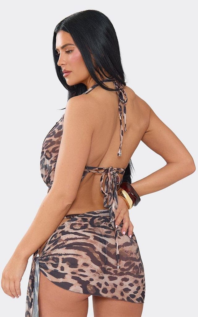 EGO Cowl Neck Open Back Beach Top In Brown Leopard Print Mesh, Women's Size UK 6 - 2