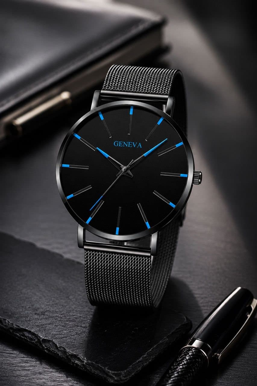 Lovii Lovii Men's GENEVA Ultra Thin Stainless Steel Mesh Watch Blue in Black