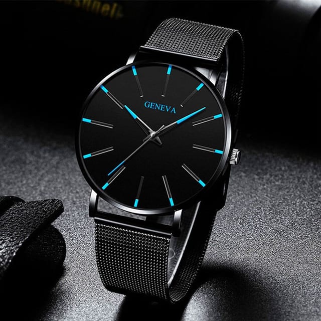 Lovii Lovii Men's GENEVA Ultra Thin Stainless Steel Mesh Watch Blue in Black - 3