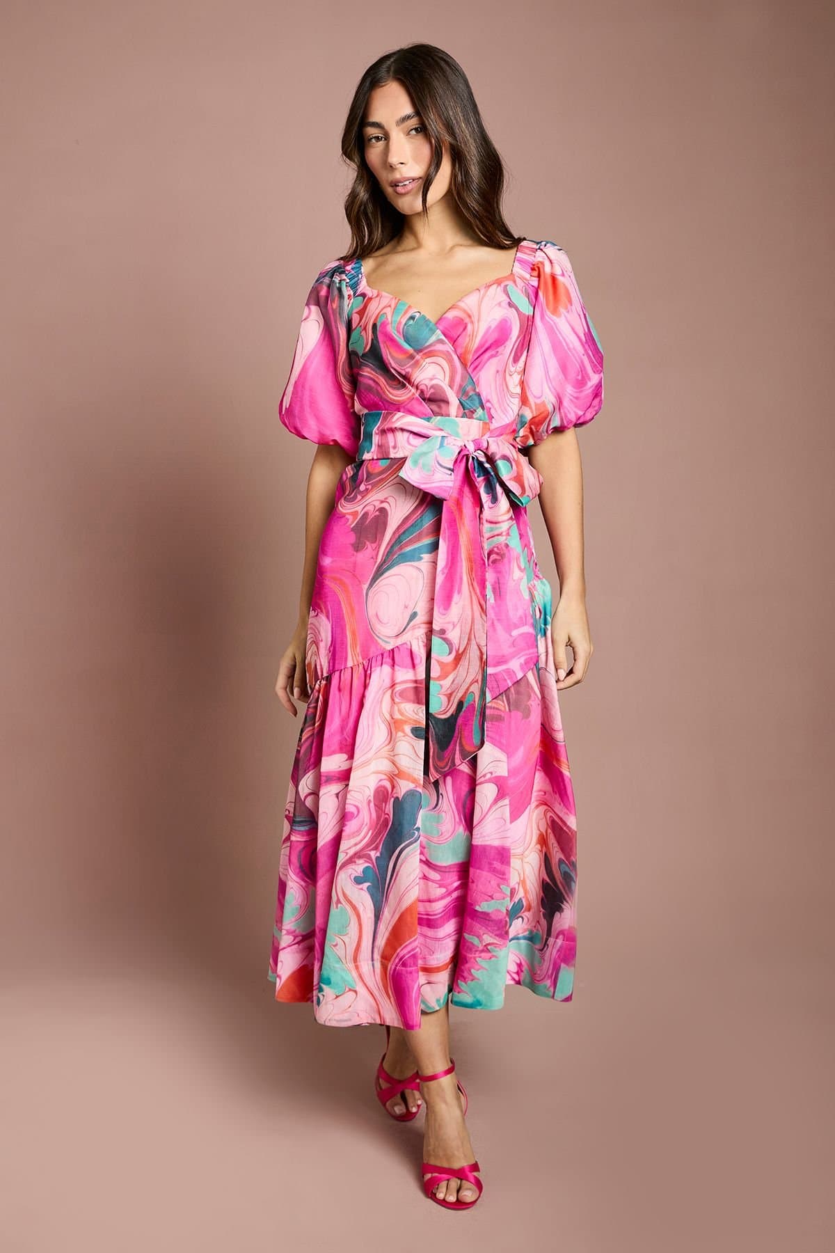 Coast Coast Women's Printed Puff Sleeve Wrap Belted Midi Dress in Pink