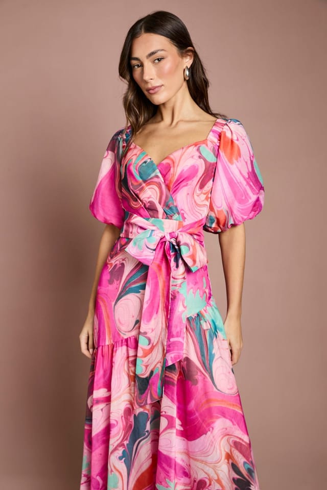 Coast Coast Women's Printed Puff Sleeve Wrap Belted Midi Dress in Pink - 2
