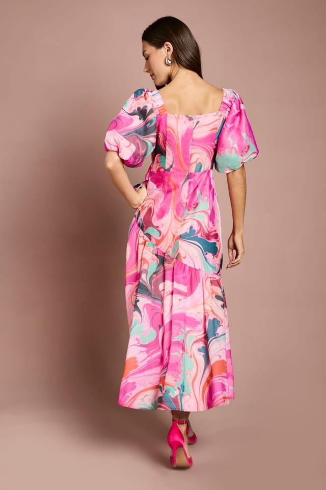 Coast Coast Women's Printed Puff Sleeve Wrap Belted Midi Dress in Pink - 3