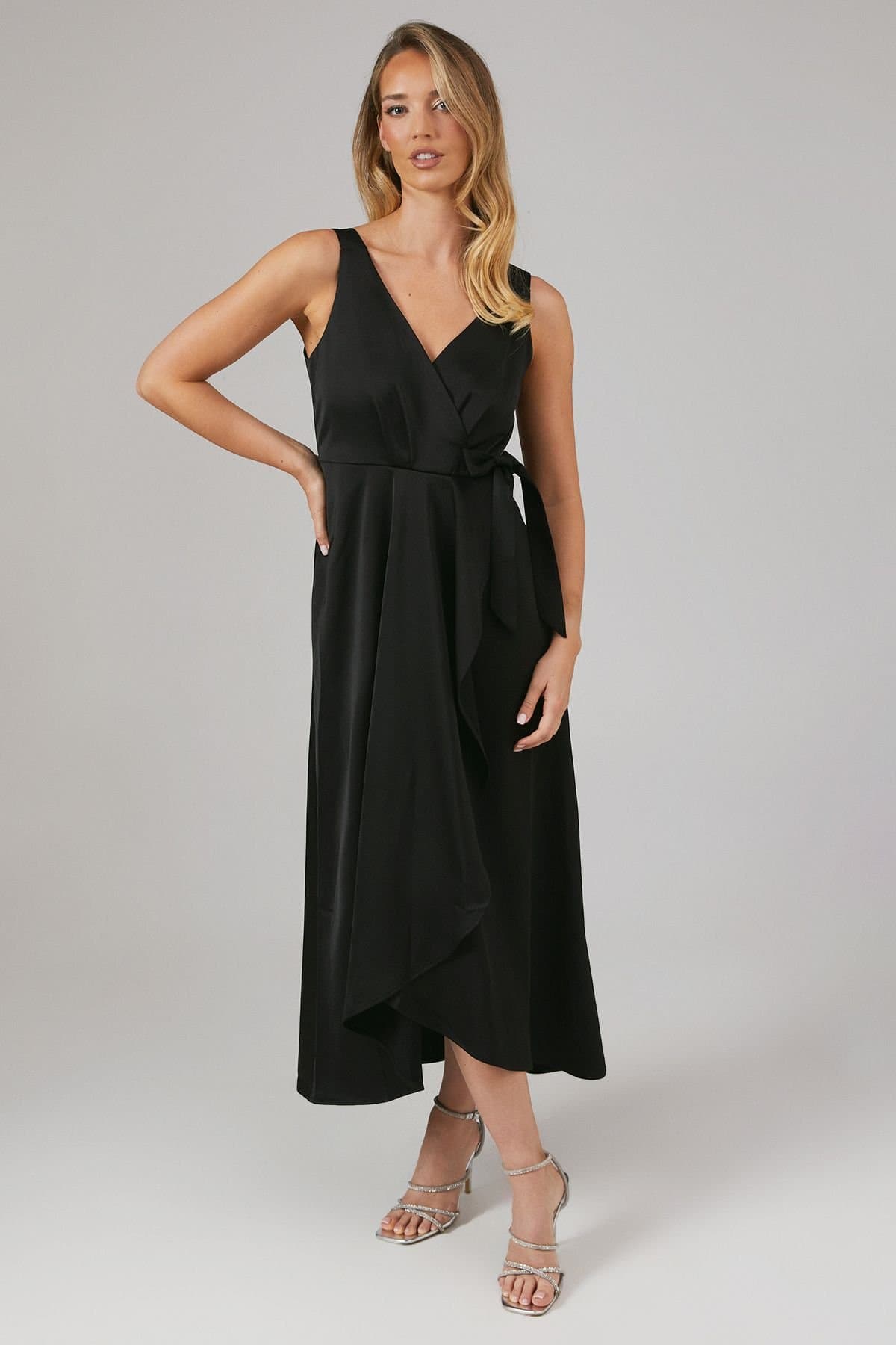 Oasis Oasis Black Satin Wrap Top Bridesmaid Midaxi Dress