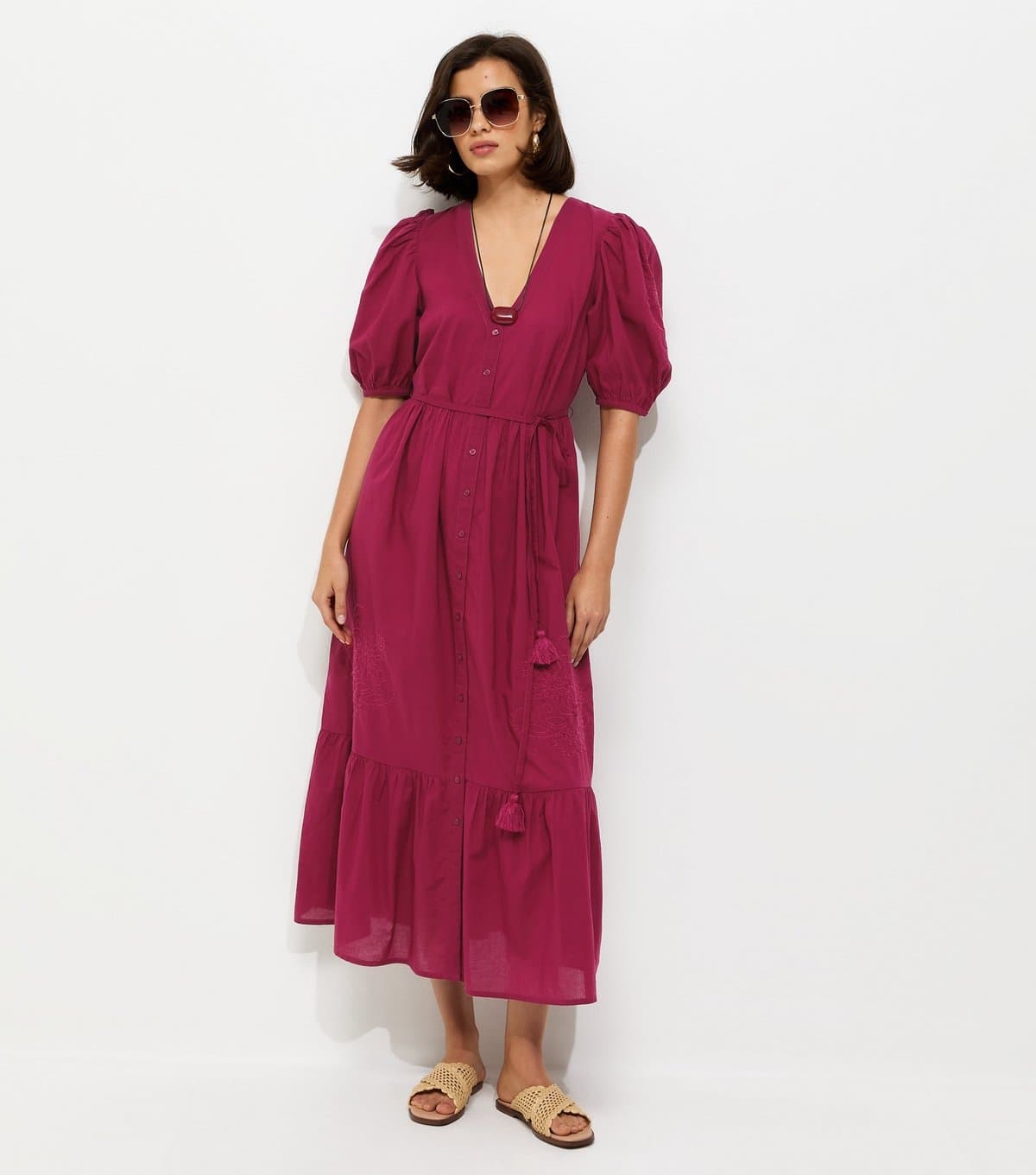 New Look Women's Light Burgundy Embroidered Smock Midi Dress New Look