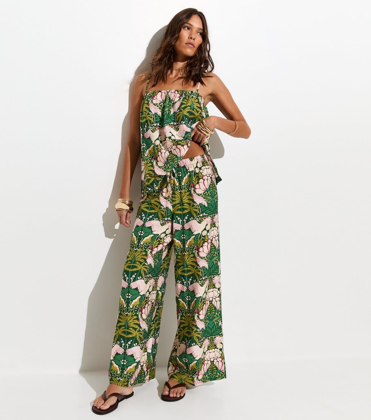 New Look Women's White Tropical Lotus Print Beach Trousers New Look