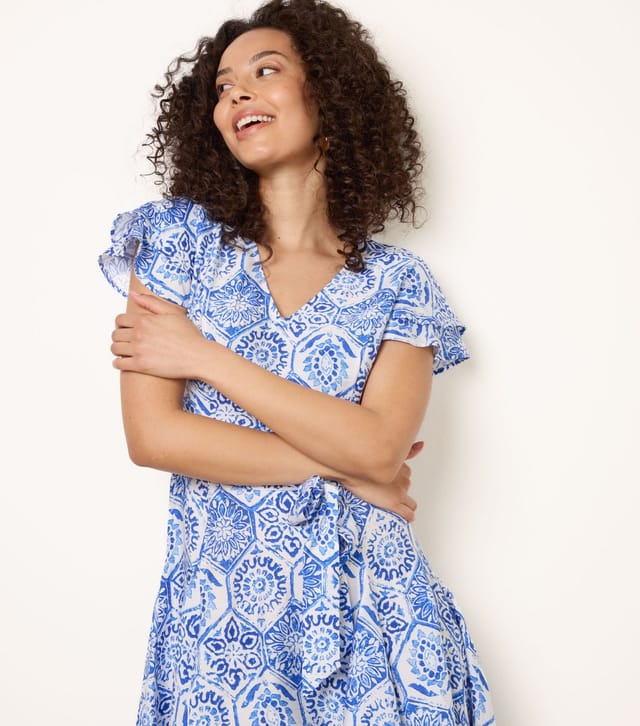 Blue Vanilla Women's Bright Blue Tile Print Flutter Sleeve Mini Dress Blue Vanilla New Look - 3