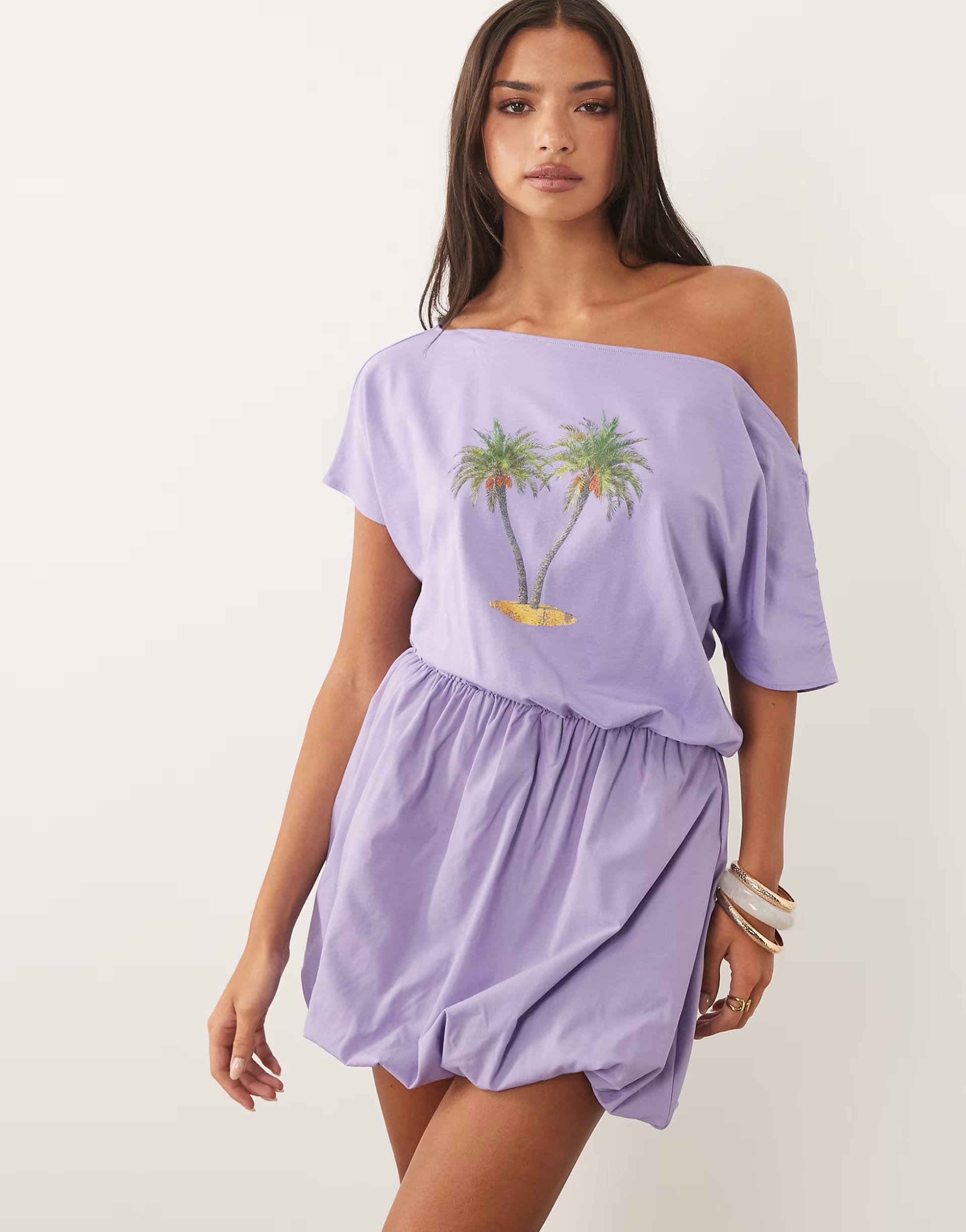 ASOS DESIGN Lilac Palm Tree Off-Shoulder Dress