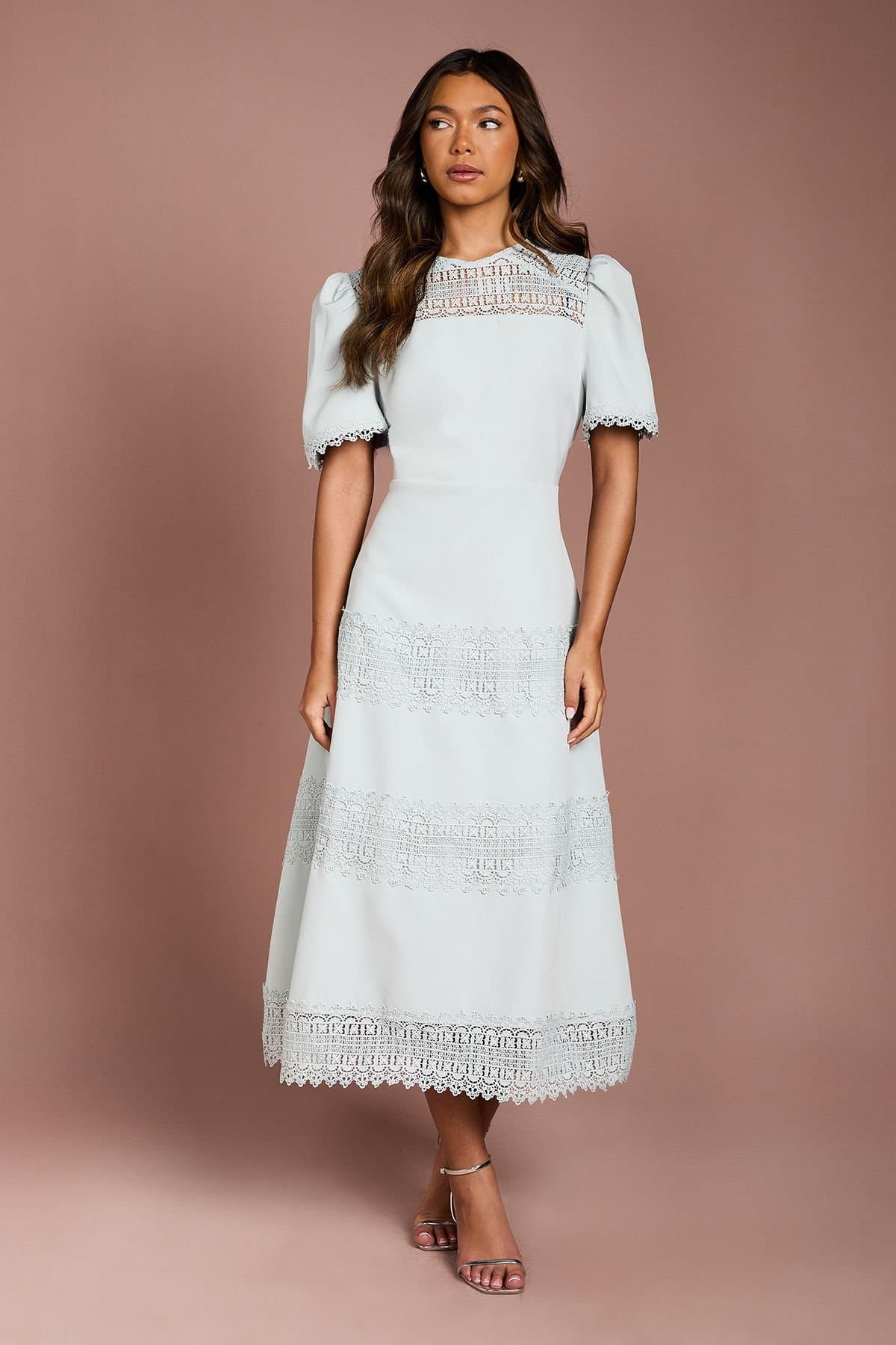 Coast Coast Women's Lace Trim Crepe Dress in Duck Egg