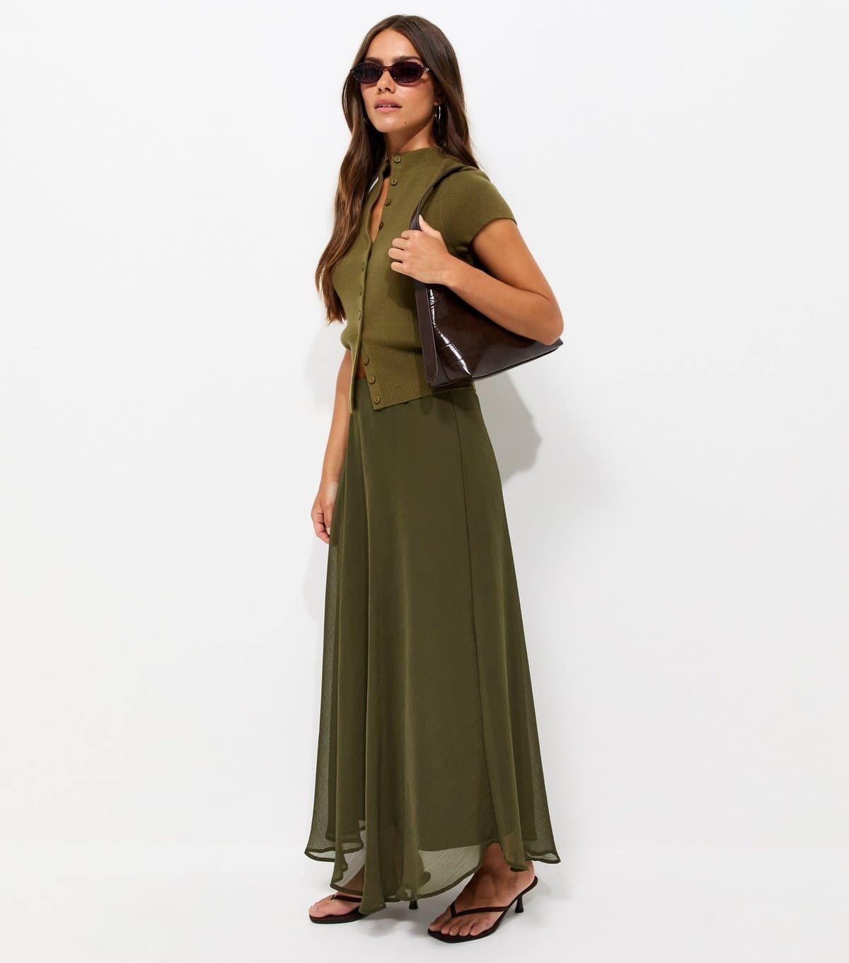 New Look Women's Petite Dark Khaki Chiffon Circle Skirt New Look