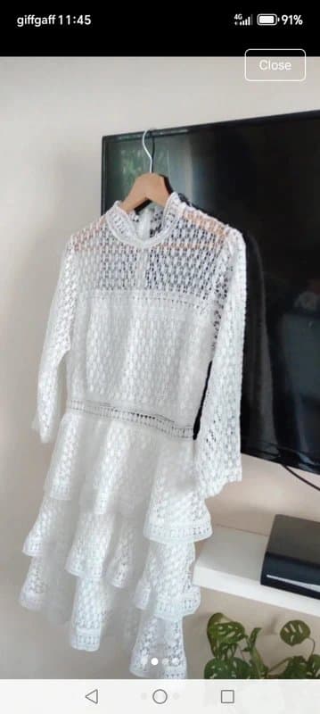 Vintage Dressing Size 14  holiday crochet  fit flare frill skirted dress waist panel lined areas floaty sleeve