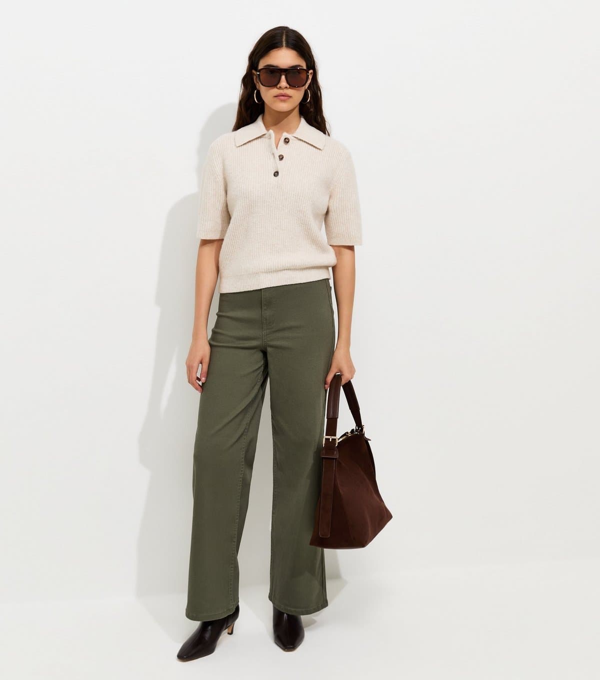 New Look New Look Khaki Twill High Waist Stretch Wide Leg Jeans