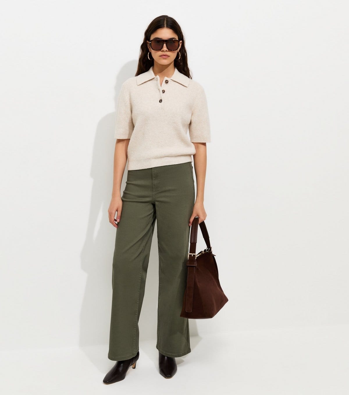 New Look Women's Dark Khaki Twill High Waist Stretch Wide Leg Jeans New Look - 1