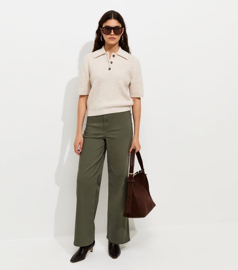 New Look Women's Dark Khaki Twill High Waist Stretch Wide Leg Jeans New Look - 1