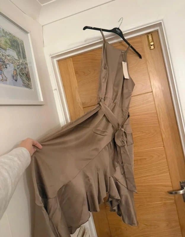 ASOS Style Cheat ASOS Bronze Brown Ariana Halterneck Satin Belted Bow Frill Hem Tiered Midi Dress