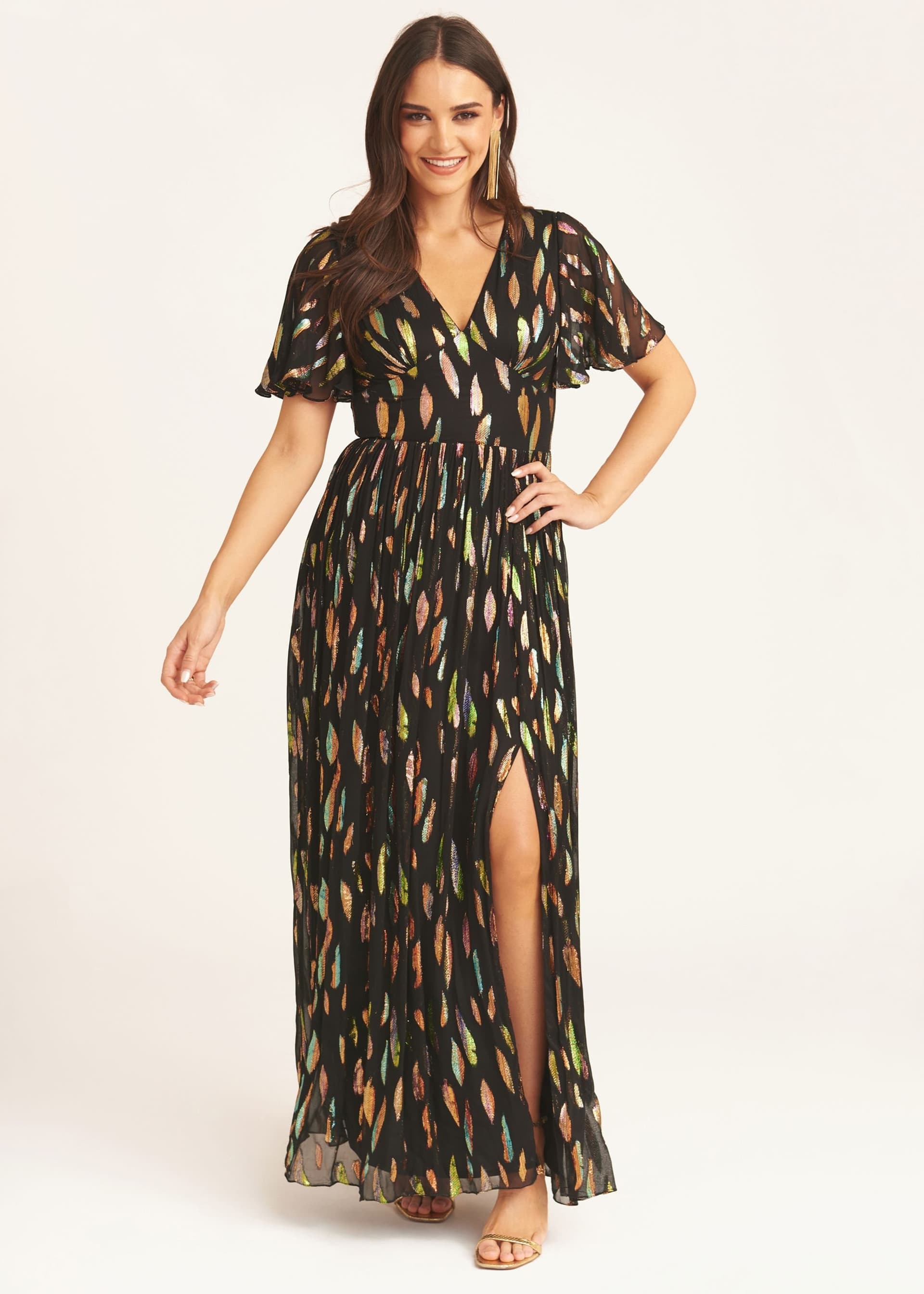Gini London Gini London Women's Black Multi Jacquard Angel Sleeves Maxi Dress