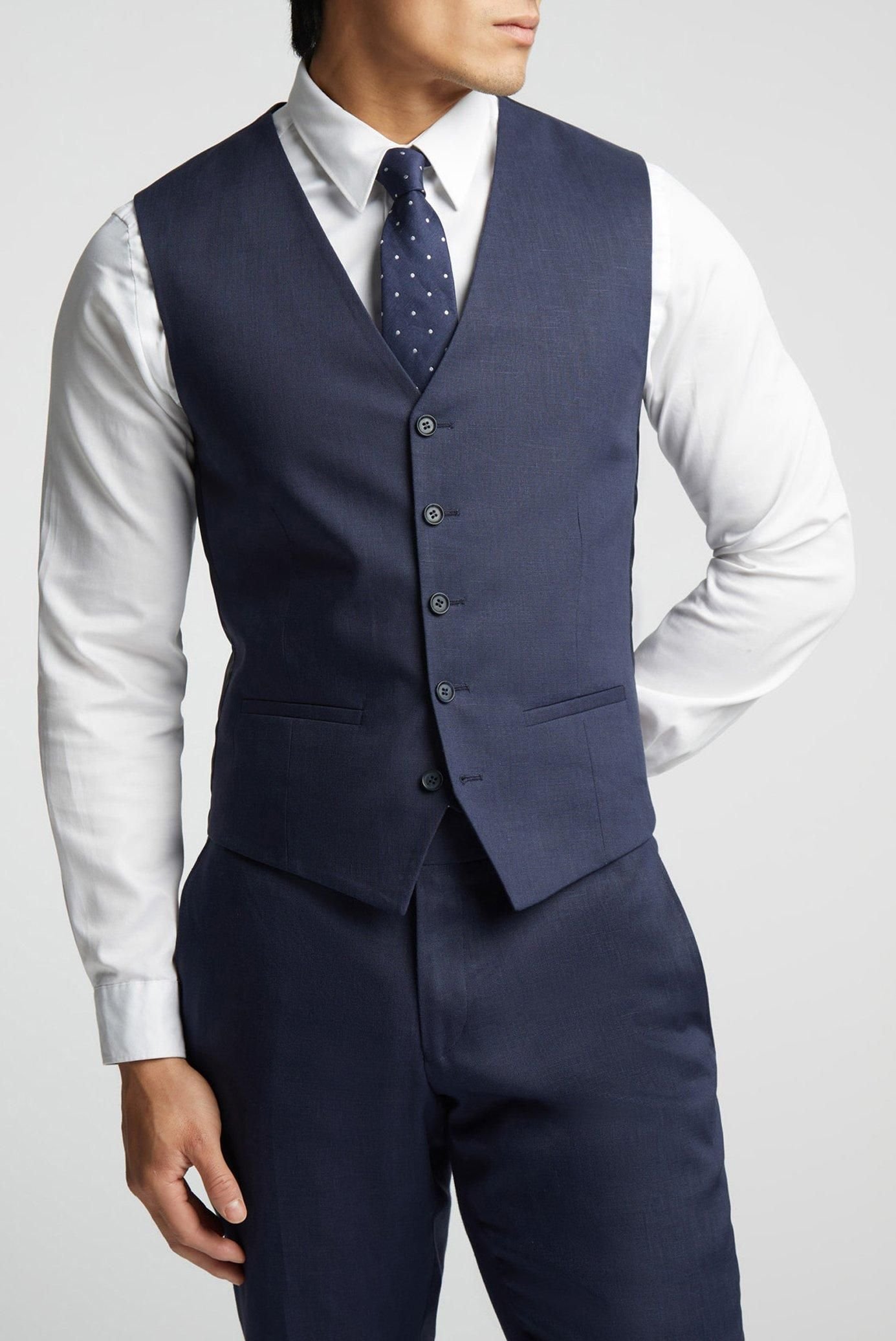 Alex Alex Men's Linen Tailored Fit Waistcoat in Navy - 4