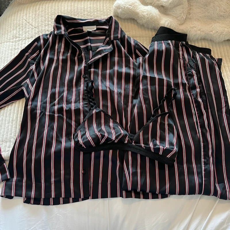 Topshop Topshop satin silk red stripe black 3 piece pyjama set size small
