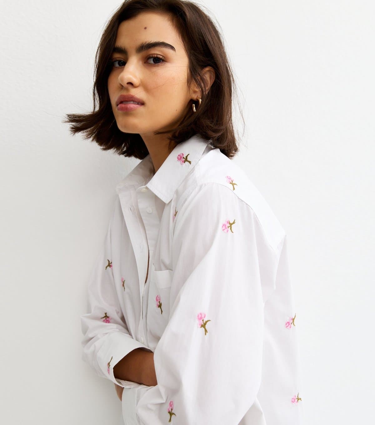 New Look Women's White Cotton Poplin Floral Embroidery Shirt New Look