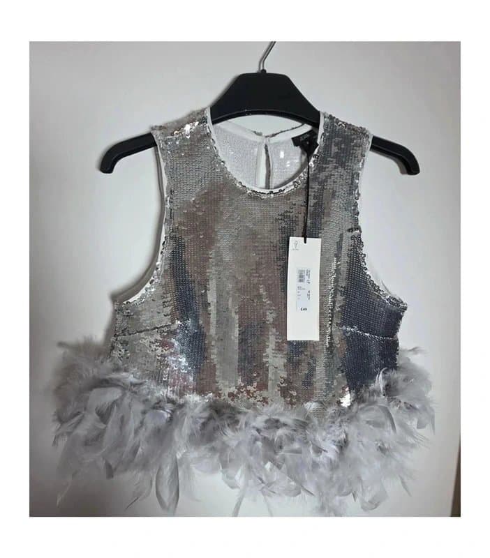 River Island river island stunning silver sequin feather cropped party top uk 6 birthday date going out valentine