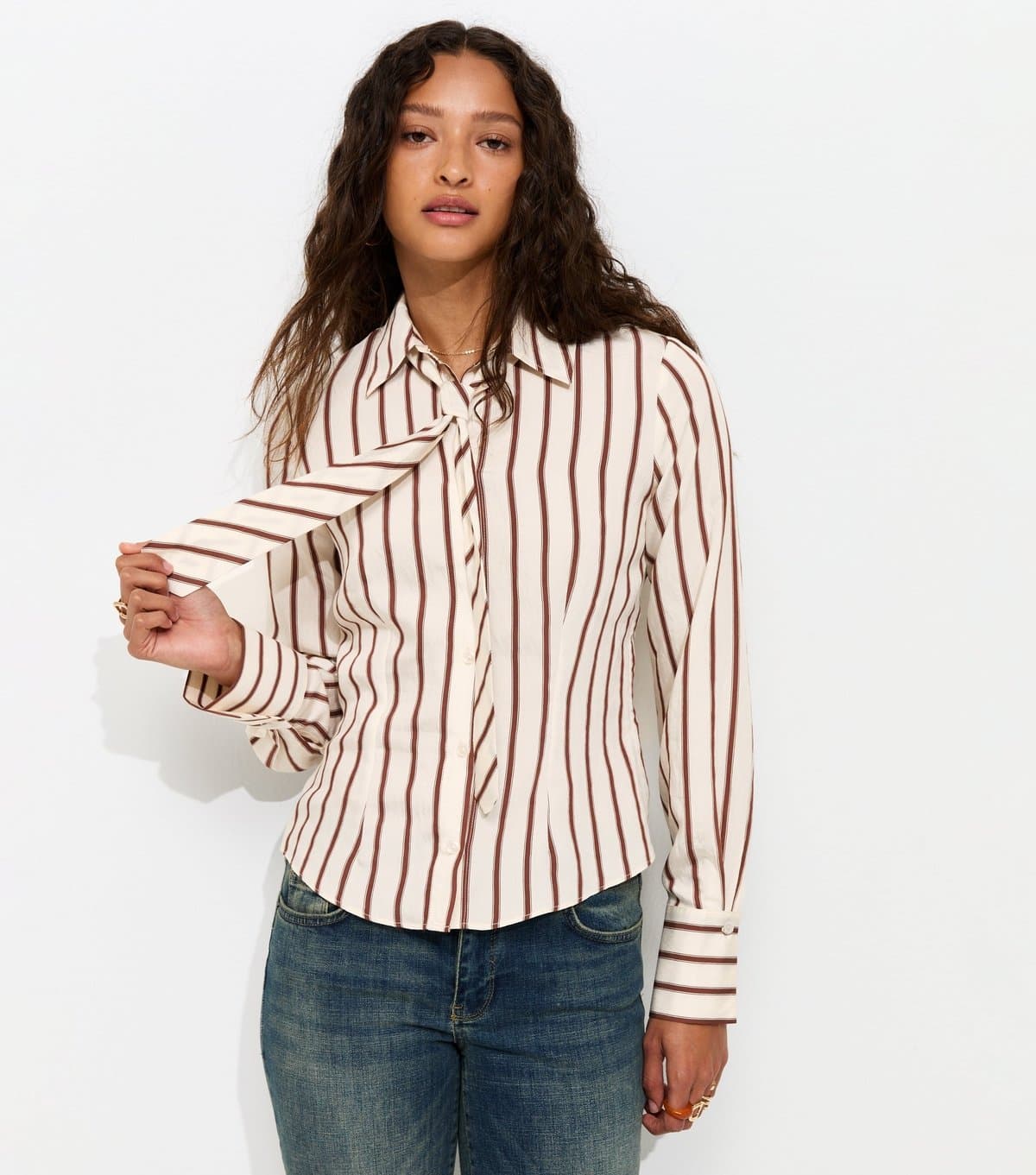 New Look Women's Cream and Brown Striped Shirt with Tie New Look